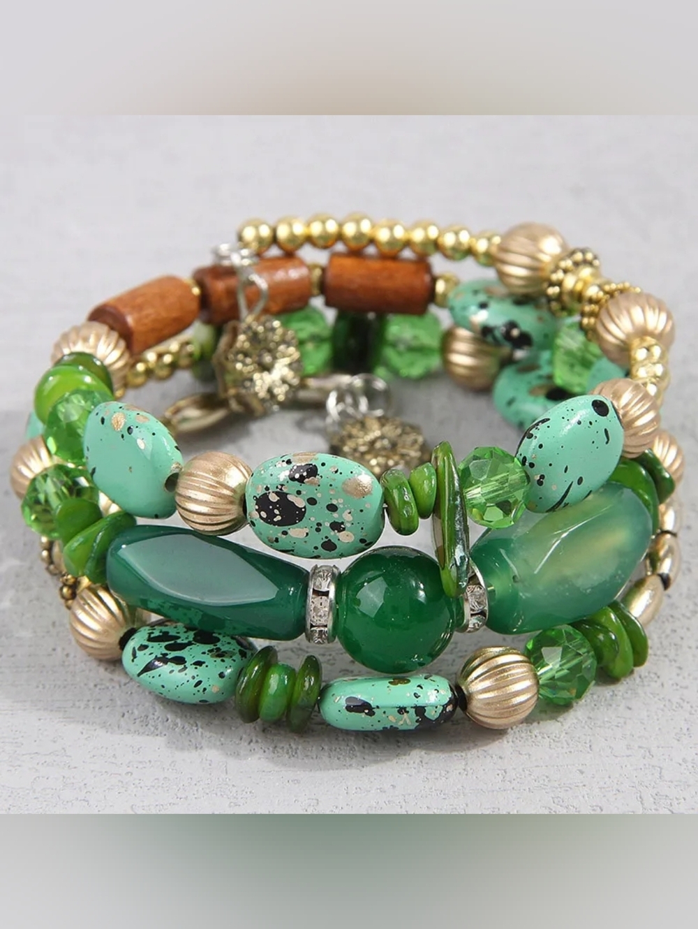 Multi-Strand Green Stretch Beaded Bracelet with Gold Accents